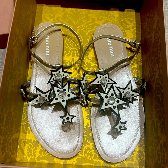 Miu Miu Shoes - Miu Miu Embellished Star Leather Thong Sandals